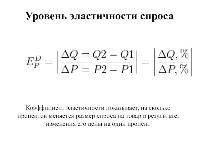 Уровень эластичности спроса Коэффициент эластичности показывает, на сколько процентов меняется размер спроса