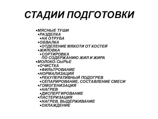 СТАДИИ ПОДГОТОВКИ МЯСНЫЕ ТУШИ РАЗДЕЛКА НА ОТРУБА ОБВАЛКА ОТДЕЛЕНИЕ МЯКОТИ ОТ КОСТЕЙ