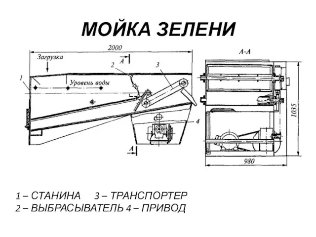 МОЙКА ЗЕЛЕНИ 1 – СТАНИНА 3 – ТРАНСПОРТЕР 2 – ВЫБРАСЫВАТЕЛЬ 4 – ПРИВОД