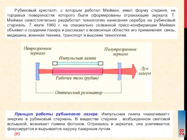 Рубиновый кристалл, с которым работал Мейман, имел форму стержня, на торцевых поверхностях