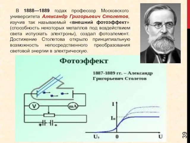 В 1888—1889 годах профессор Московского университета Александр Григорьевич Столетов, изучив так называемый