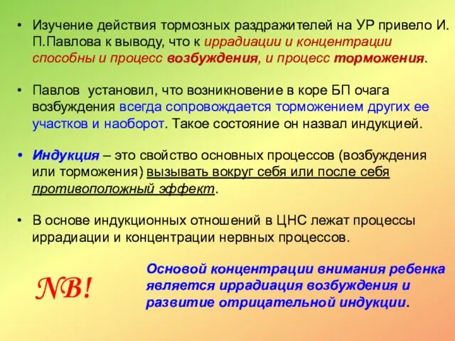 Изучение действия тормозных раздражителей на УР привело И.П.Павлова к выводу, что к