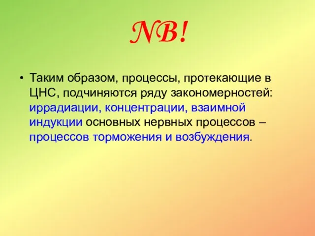 NB! Таким образом, процессы, протекающие в ЦНС, подчиняются ряду закономерностей: иррадиации, концентрации,