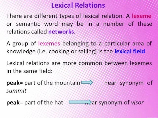 Lexical Relations There are different types of lexical relation. A lexeme or