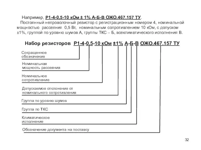 Например, Р1-4-0,5-10 кОм ± 1% А-Б-В ОЖО.467.157 ТУ. Постоянный непроволочный резистор с