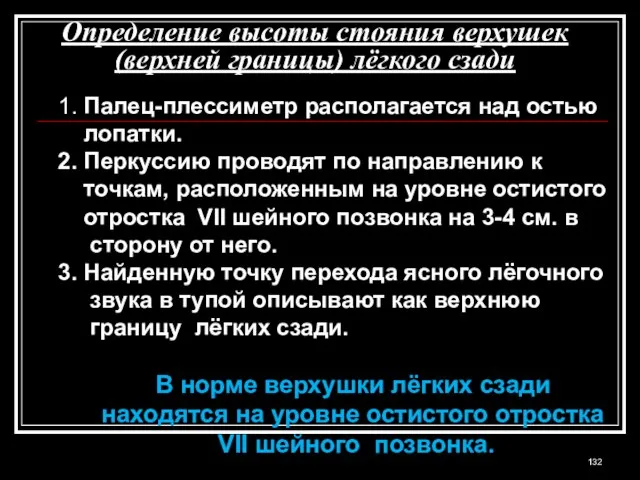 Определение высоты стояния верхушек (верхней границы) лёгкого сзади 1. Палец-плессиметр располагается над