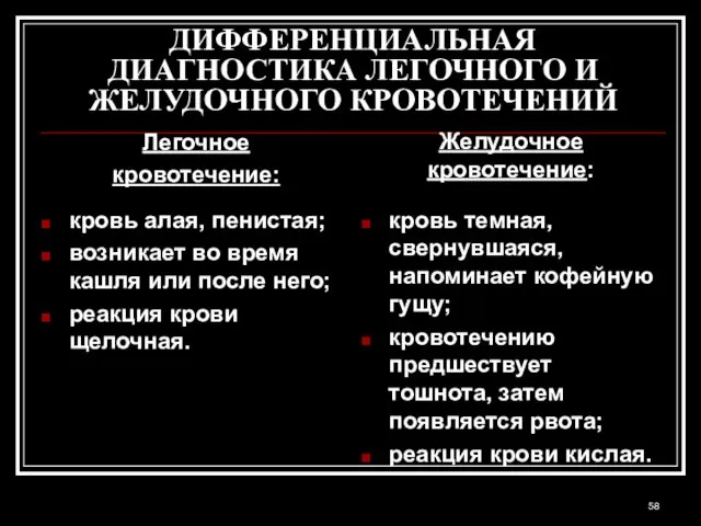 ДИФФЕРЕНЦИАЛЬНАЯ ДИАГНОСТИКА ЛЕГОЧНОГО И ЖЕЛУДОЧНОГО КРОВОТЕЧЕНИЙ Легочное кровотечение: кровь алая, пенистая; возникает