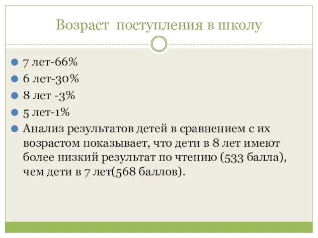 Возраст поступления в школу 7 лет-66% 6 лет-30% 8 лет -3% 5