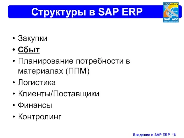 Структуры в SAP ERP Закупки Сбыт Планирование потребности в материалах (ППМ) Логистика Клиенты/Поставщики Финансы Контролинг