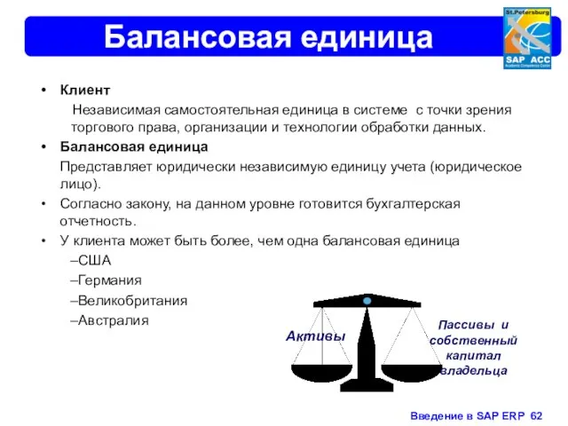 Балансовая единица Клиент Независимая самостоятельная единица в системе с точки зрения торгового