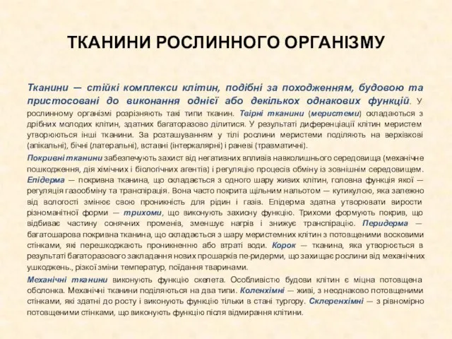 ТКАНИНИ РОСЛИННОГО ОРГАНІЗМУ Тканини — стійкі комплекси клітин, подібні за походженням, будовою