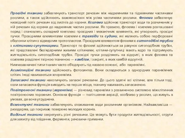 Провідні тканини забезпечують транспорт речовин між надземними та підземними частинами рослини, а