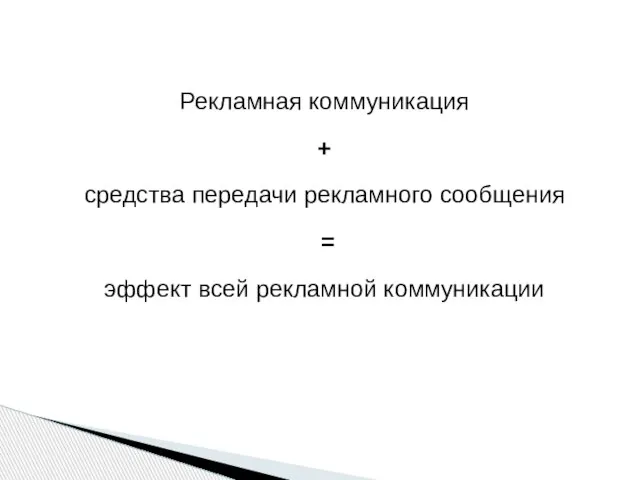 Рекламная коммуникация + средства передачи рекламного сообщения = эффект всей рекламной коммуникации