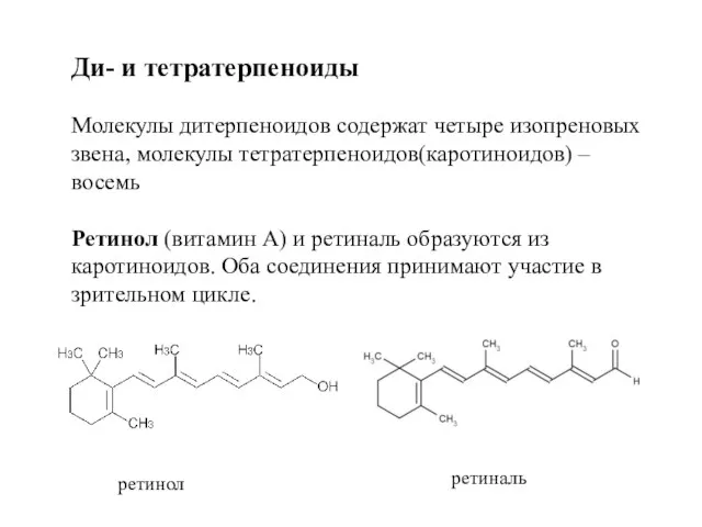 Ди- и тетратерпеноиды Молекулы дитерпеноидов содержат четыре изопреновых звена, молекулы тетратерпеноидов(каротиноидов) –