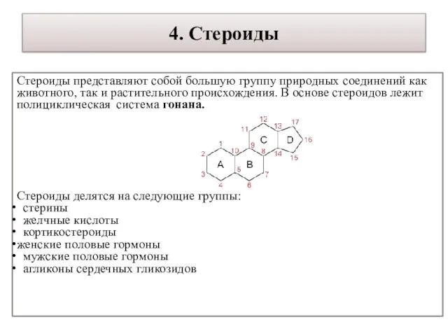 4. Стероиды Стероиды представляют собой большую группу природных соединений как животного, так