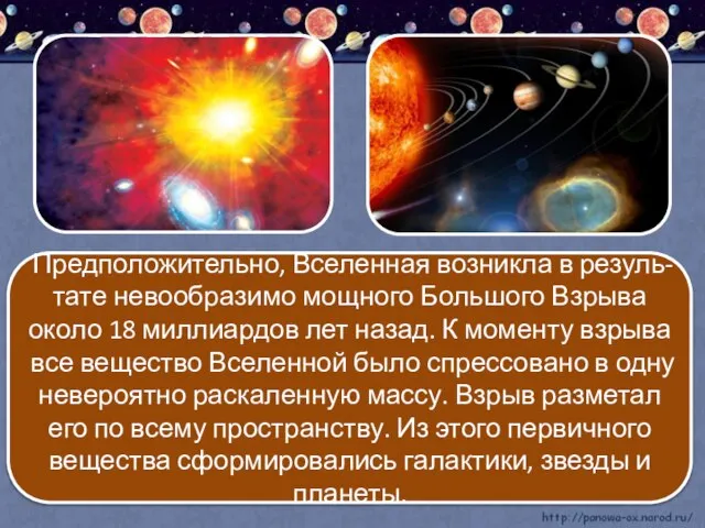 Предположительно, Вселенная возникла в резуль- тате невообразимо мощного Большого Взрыва около 18