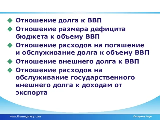 Показатели, отражающие эффективность долговой политики Отношение долга к ВВП Отношение размера дефицита