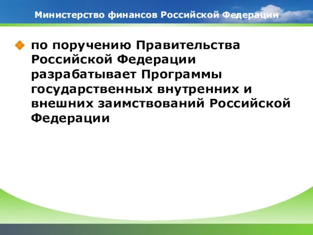 Министерство финансов Российской Федерации по поручению Правительства Российской Федерации разрабатывает Программы государственных