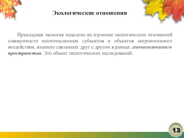 Экологические отношения Прикладная экология нацелена на изучение экологических отношений совокупности многочисленных субъектов