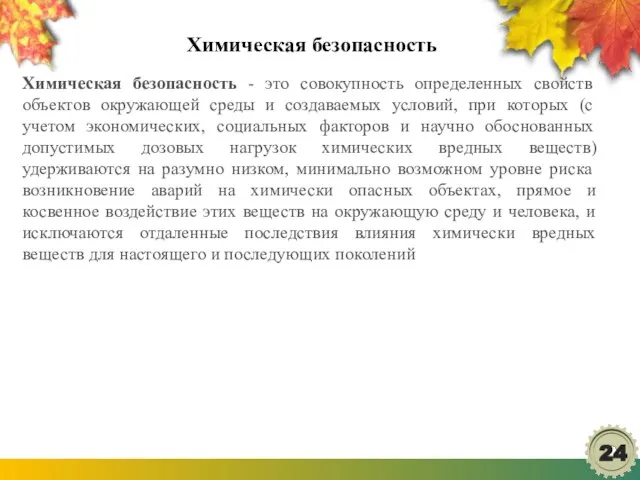 Химическая безопасность Химическая безопасность - это совокупность определенных свойств объектов окружающей среды