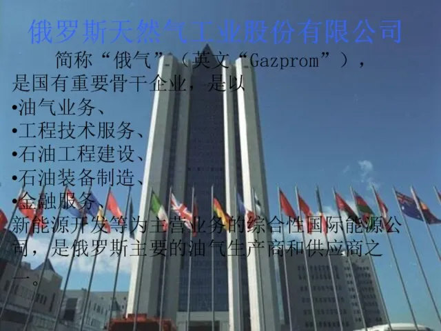 俄罗斯天然气工业股份有限公司 简称“俄气”（英文“Gazprom”）， 是国有重要骨干企业，是以 •油气业务、 •工程技术服务、 •石油工程建设、 •石油装备制造、 •金融服务、 新能源开发等为主营业务的综合性国际能源公司，是俄罗斯主要的油气生产商和供应商之一。