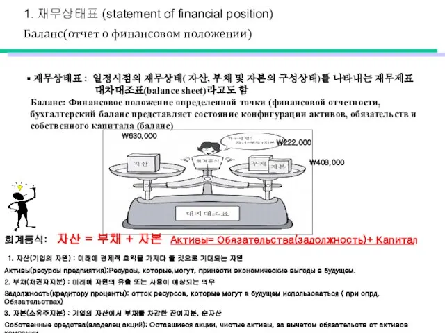 1. 재무상태표 (statement of financial position) Баланс(отчет о финансовом положении) 재무상태표 :