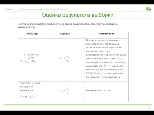 Оценка результата выборки Раздел 2. Компиляция и оптимизация. Анализ стоимости операций. В