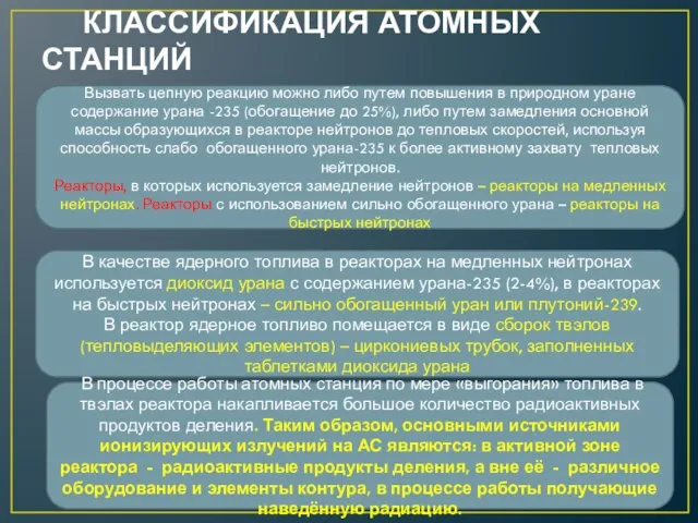 КЛАССИФИКАЦИЯ АТОМНЫХ СТАНЦИЙ Вызвать цепную реакцию можно либо путем повышения в природном