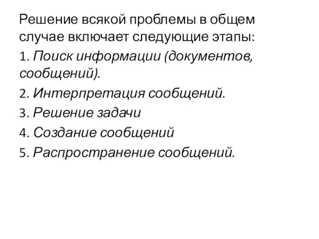 Решение всякой проблемы в общем случае включает следующие этапы: 1. Поиск информации