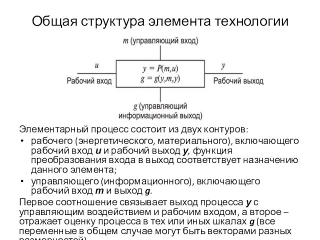 Общая структура элемента технологии Элементарный процесс состоит из двух контуров: рабочего (энергетического,