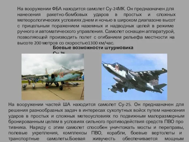 На вооружении ФБА находится самолет Су-24МК. Он пред­назначен для нанесения ракетно-бомбовых ударов