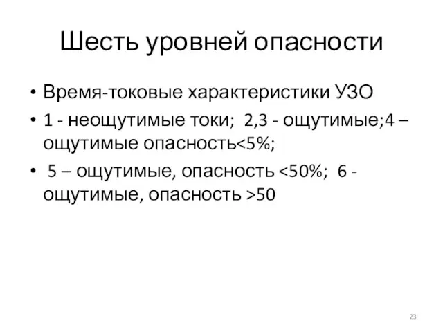 Шесть уровней опасности Время-токовые характеристики УЗО 1 - неощутимые токи; 2,3 -