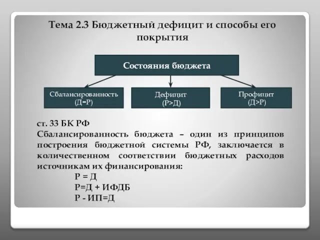 Тема 2.3 Бюджетный дефицит и способы его покрытия ст. 33 БК РФ