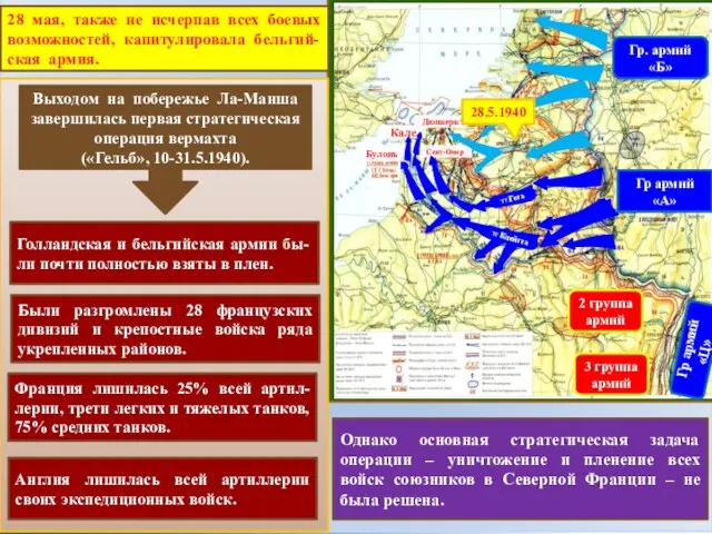 28 мая, также не исчерпав всех боевых возможностей, капитулировала бельгий-ская армия. Гр.