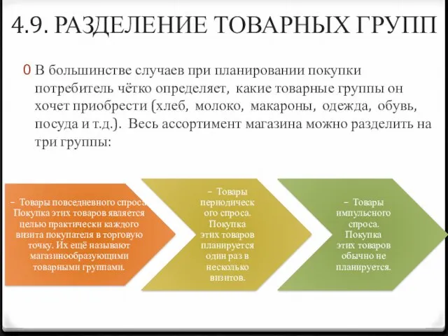 4.9. РАЗДЕЛЕНИЕ ТОВАРНЫХ ГРУПП В большинстве случаев при планировании покупки потребитель чётко