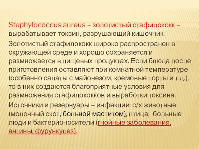 Staphylococcus aureus – золотистый стафилококк – вырабатывает токсин, разрушающий кишечник. Золотистый стафилококк