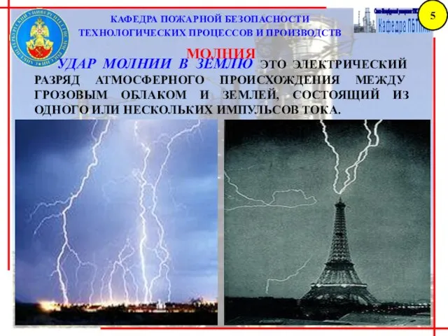 КАФЕДРА ПОЖАРНОЙ БЕЗОПАСНОСТИ ТЕХНОЛОГИЧЕСКИХ ПРОЦЕССОВ И ПРОИЗВОДСТВ МОЛНИЯ УДАР МОЛНИИ В ЗЕМЛЮ