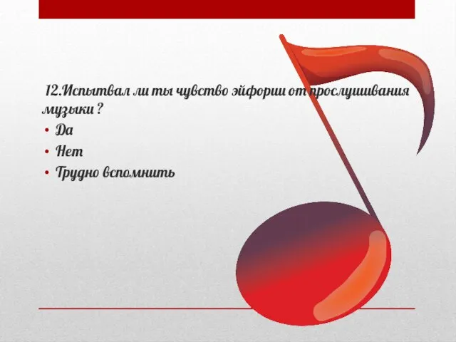 12.Испытвал ли ты чувство эйфории от прослушивания музыки ? Да Нет Трудно вспомнить