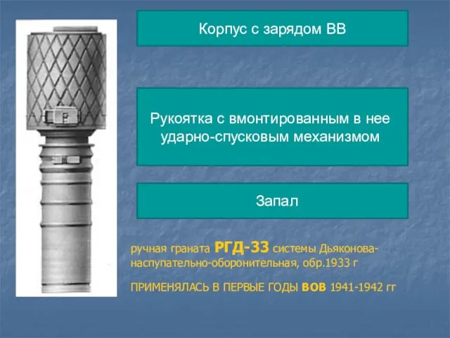 ручная граната РГД-33 системы Дьяконова- наспупательно-оборонительная, обр.1933 г ПРИМЕНЯЛАСЬ В ПЕРВЫЕ ГОДЫ