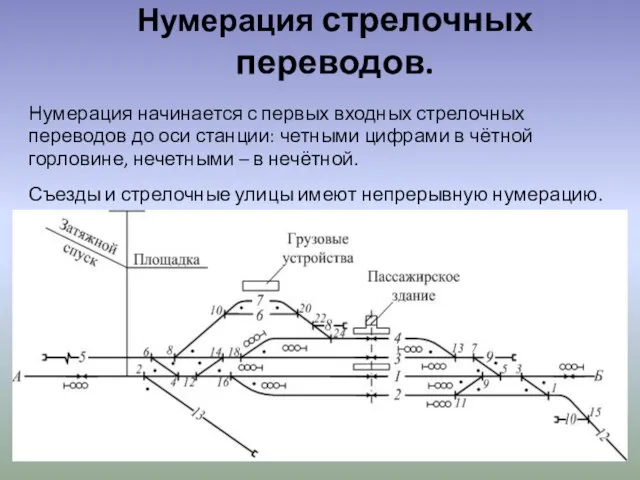 Нумерация стрелочных переводов. Нумерация начинается с первых входных стрелочных переводов до оси