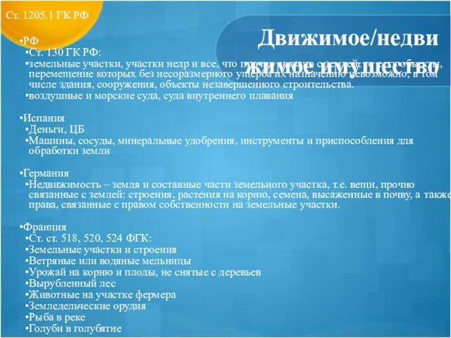 Движимое/недвижимое имущество РФ Ст. 130 ГК РФ: земельные участки, участки недр и