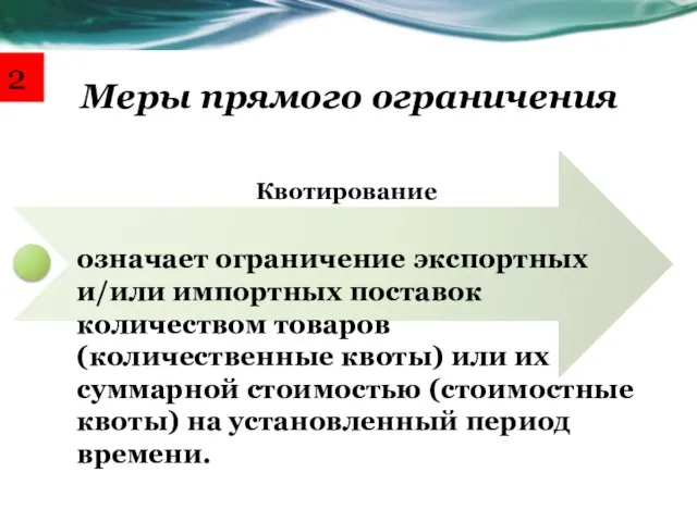 Меры прямого ограничения Квотирование означает ограничение экспортных и/или импортных поставок количеством товаров