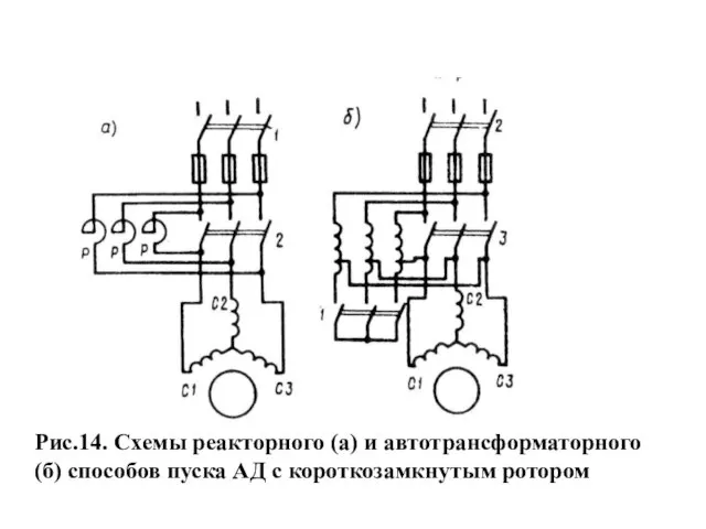 Рис.14. Схемы реакторного (а) и автотрансформаторного (б) способов пуска АД с короткозамкнутым ротором