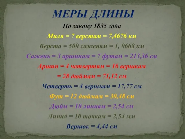 МЕРЫ ДЛИНЫ По закону 1835 года Миля = 7 верстам = 7,4676