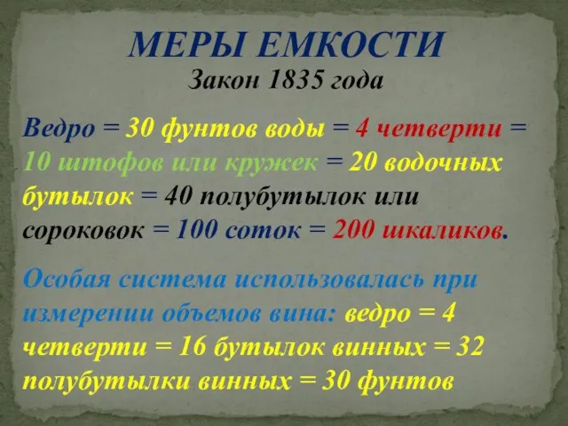 МЕРЫ ЕМКОСТИ Закон 1835 года Ведро = 30 фунтов воды = 4