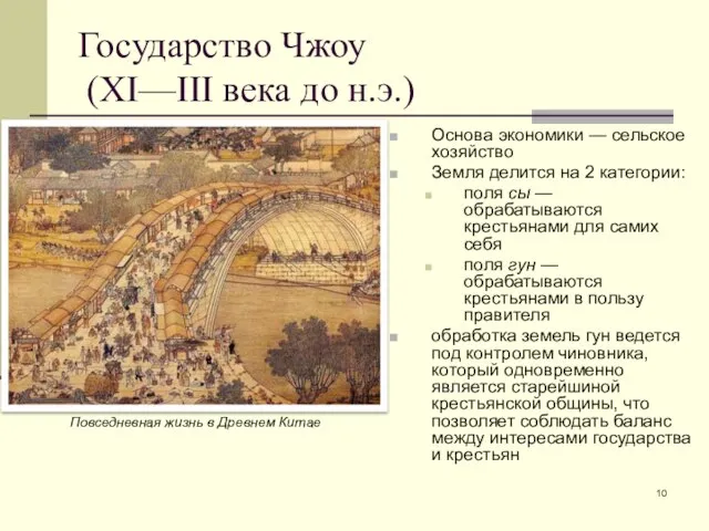 Государство Чжоу (XI—III века до н.э.) Основа экономики — сельское хозяйство Земля