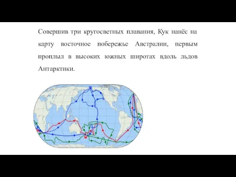 Совершив три кругосветных плавания, Кук нанёс на карту восточное побережье Австралии, первым