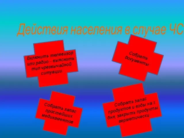 Действия населения в случае ЧС: Включить телевизор или радио – выяснить тип