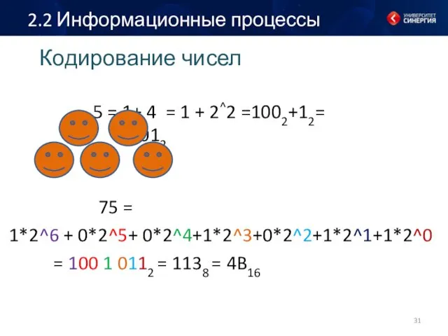 Кодирование чисел 5 = 1+ 4 = 1 + 2^2 =1002+12= =