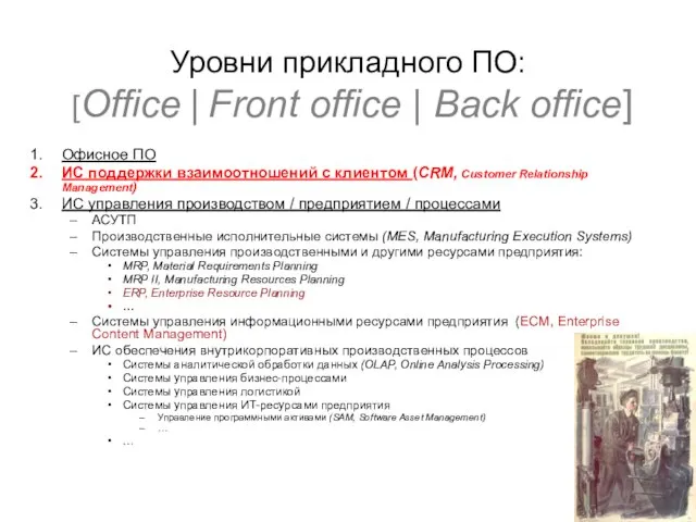 Уровни прикладного ПО: [Office | Front office | Back office] Офисное ПО